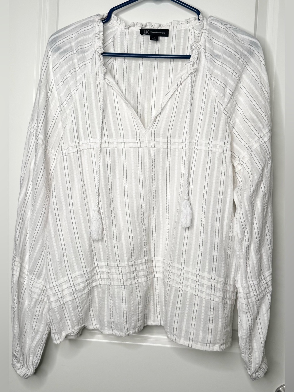 INC International Concepts Large White Cotton Stripe Peasant Blouse Boho Tassel